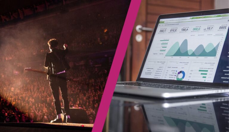 In der linken Bildhälfte steht en Mann mit Gitarre auf einer großen Bühne. Rechts daneben ist ein Laptop mit Musikmarketing Insights zu sehen