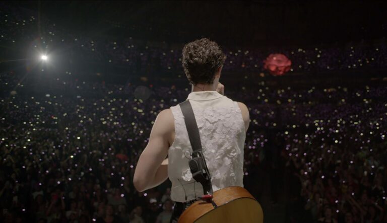Shawn Mendes steht auf einer Bühne. Man sieht ihn von hinten mit seiner Gitarre umgeschnallt, das Publikum hält Lichter hoch